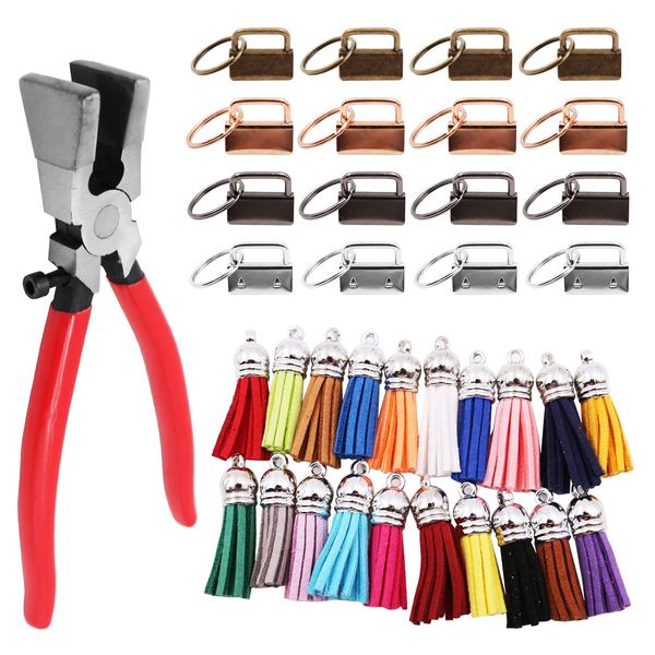 WANGCL Key Fob Hardware Set 20 Pcs Key Fob Hardware with Key Fob Pliers and 24 Pcs Leather Keychain Tassel for Wristlet Keychain Lanyard