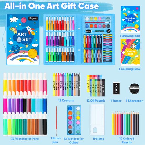 iBayam Art Supplies, 149-Pack Drawing Kit Painting Art Set Art Kits Gifts Box, Arts and Crafts for Kids Girls Boys, with Drawing Pad, Coloring Book, Crayons, Pastels, Pencils, Watercolor Pens (Blue)
