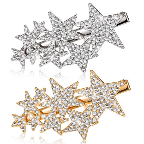 2 Pack Sterne Haarspange Modische Haarnadel Fünf-Punkte-Sterne Haarspangen Strass Haarschmuck Metall Haarklammer Nicht Ausrutschen Hair Pin für Damen, Gold und Silber