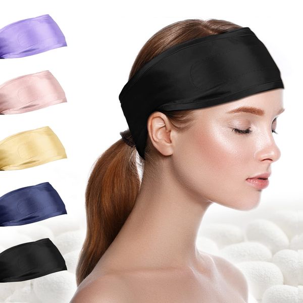 FANTASTIC HOUSE Silk Spa Headband for Washing Face, 22 Momme 100% Mulberry Silk Scarf for Hair Wrapping at Night, Adjustable Ponytail Head Wrap Hair Band for Women and Girls for Sleep, Makeup, Sport (Black)