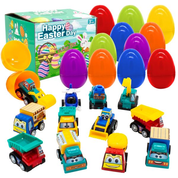 AUGARDEN 12Pcs Easter Eggs with Mini Pull-Back Cars, Stuffed Easter Toy Eggs, Easter Gifts for Over 3 Years Old Girls, Boys, Kids, Toddlers