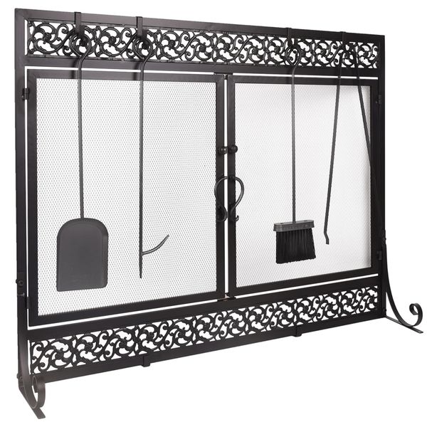 Metal Fireplace Screen Scrollwork Black Design Adjustable Feet Two-Doors