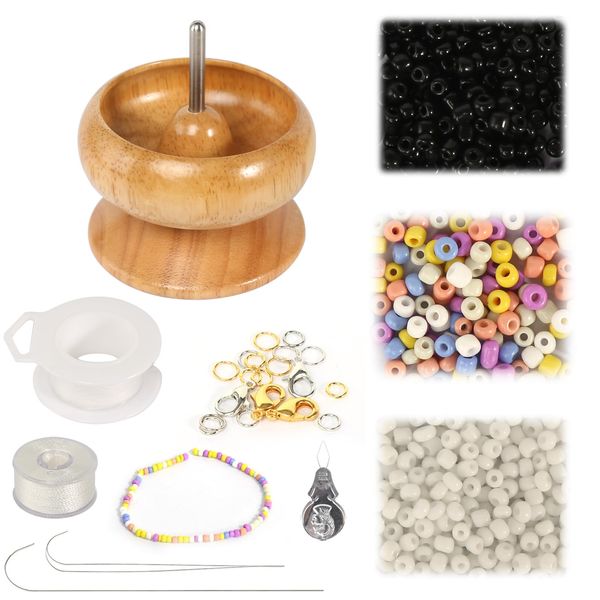 WGDVVJV Wooden Bead Spinner Bead Spinner Beading Kits Wooden Bead Holder DIY Making Bead Spinner Kit with Multicolored Beads, Elastic Line, Curved Beading Needle for Craft DIY Jewelry Making