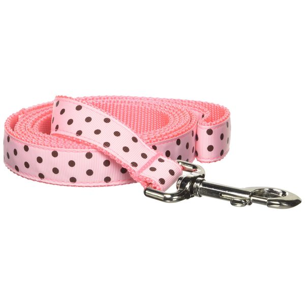 Large Pink/Brown Polka Dot Dog Leash: 1" Wide, 6ft Length - Made in USA.