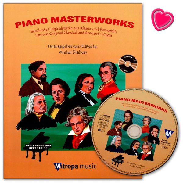 Piano Masterworks - Berühmte Originalstücke aus Klassik und Romantik - Autor: Aniko Drabon - Notenbuch mit CD und bunter herzförmiger Notenklammer / 1956-13M ISBN: 9789043137546