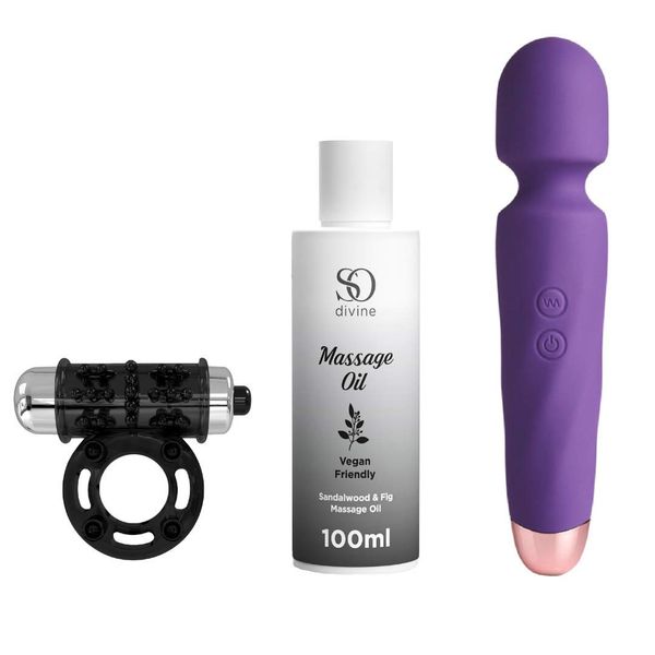 So Divine Couples Bundle Includes Our Rechargeable Massage Wand, 2in1 Cock Ring and Our Vegan Friendly Fragrant Massage Oil.