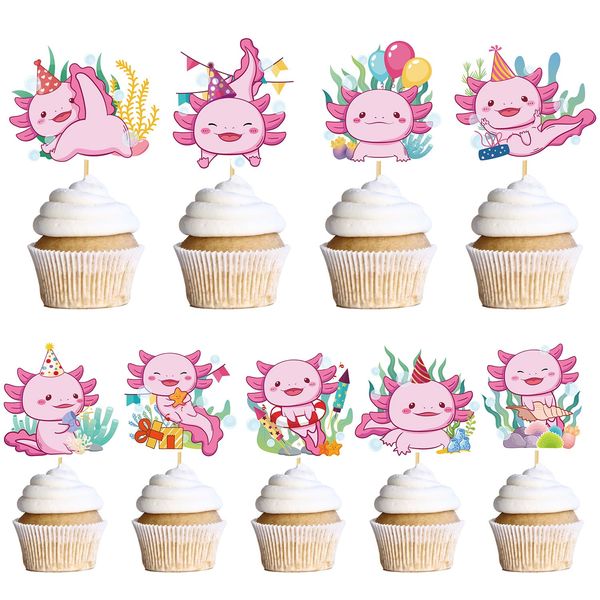 Wxiben Axolotl Birthday Cupcake Toppers - 36PCS Axolotl Birthday Decorations Cute Axolotl Party Cake Topper Decorations Supplies Axolotl Salamander Baby Shower Cupcake Toppers Decor for Kids Girls