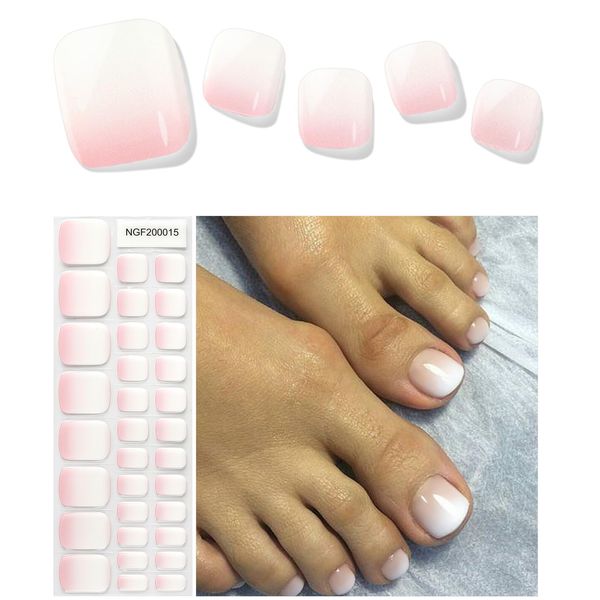 Kalolary White Gel Toenail Strips, Pink Gradient Toenail Stickers Pedicure Strips Long Lasting Salon Quality Nail Wraps with Nail File & Wood Stick(UV/LED Lamp Required）