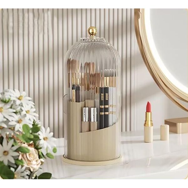 Yuzita Makeup Brush Holder Organizer with Lid, Rotating Dustproof Make Up Brushes Container, Makeup Brushes Organizer, for Vanity Desktop Bathroom Countertop