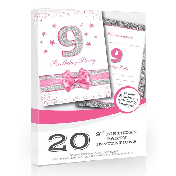 Olivia Samuel 20 x 9th Birthday Party Invitations from Pink Sparkly Design and Photo Effect Silver Glitter - A6 Postcard Size with envelopes