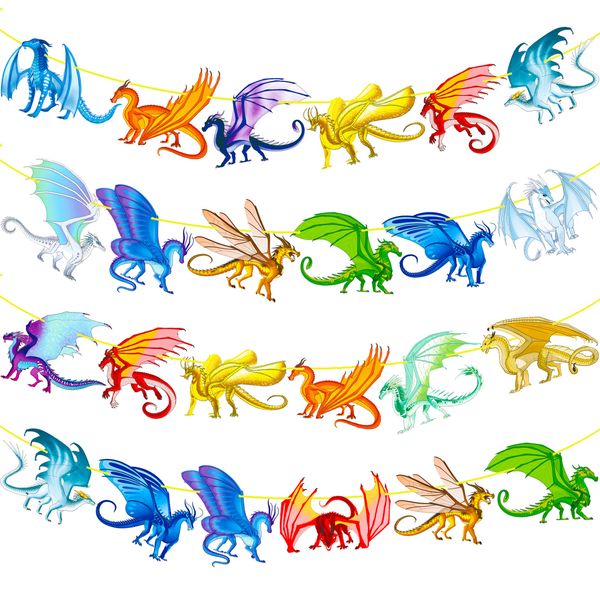 4pcs Dragon Theme Banners Dragon Birthday Party Decorations Dragon Baby Shower Banner Decorations for Fantasy Dragon Party Baby Shower Supplies