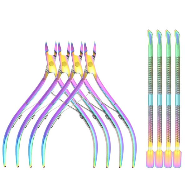 XINMEIWEN 8Pieces Cuticle Trimmer Cuticle Nipper Cuticle Remover Cuticle Cutter with Cuticle Pusher Stainless Steel Cuticle Cutter Clipper Nail Tools for Fingernails and Toenails (Rainbow)