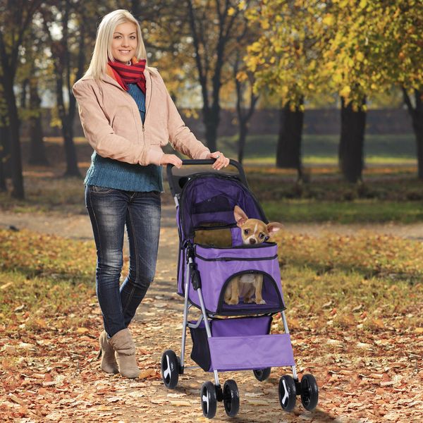 4 Wheels Purple Pet Stroller Foldable Dog Cat Jogging Stroller w/ Storage Basket