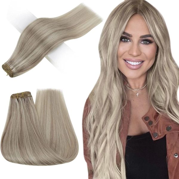 RUNATURE Echthaar Tressen Blond Weft Echthaar Dunkel Aschblond mit Platinblond Remy Tressen Echthaar Weft in Haarverlängerung 100g 55cm 22 Zoll #19AP60