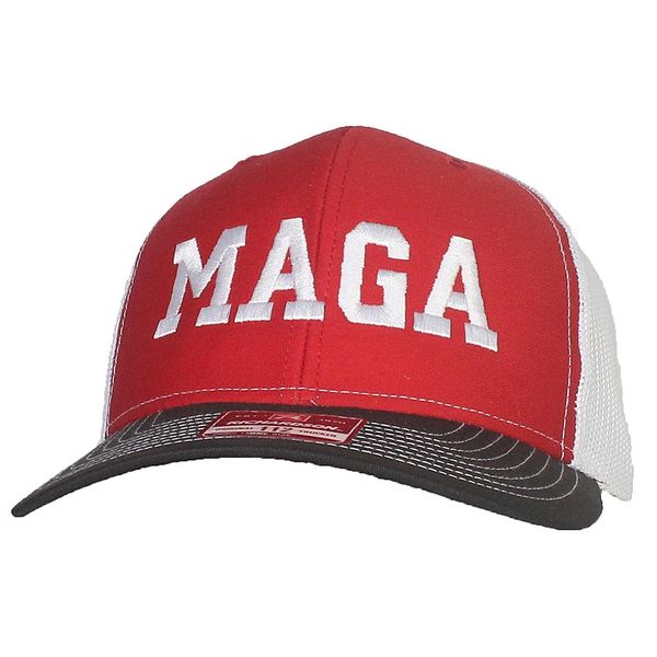 Tropic Hats Adult Embroidered Trump MAGA 6 Panel Trucker Cap W/Snapback - Red/White/Black