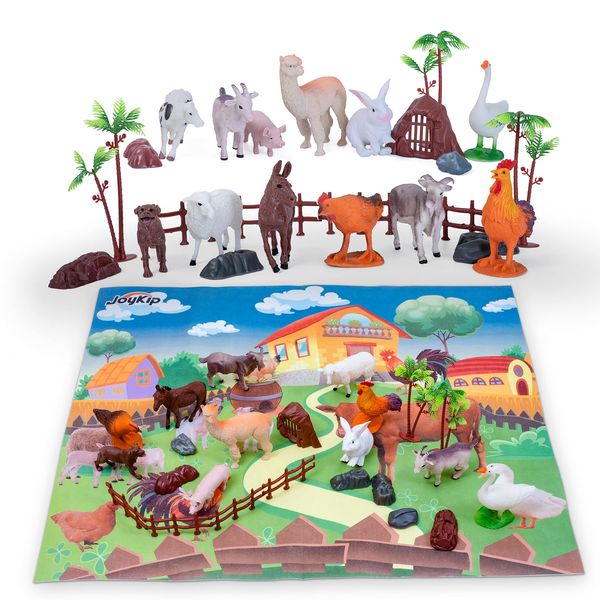 JoyKip Farm Domestic Animals Toys Set for Kids - Realistic Action Farmyard Livestock Figures with Play Mat - Educational Storytelling Party Favours for Boys and Girls Ages 3+