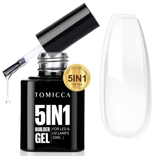 TOMICCA 5 in 1 Builder Nail Gel- Builder Base Strengthening Clear Nail Gel for Hard Strong Nails Tips & Extensions,Clear Builder Gel for Nails Repair,Nail Art Decoration Easy to Shape(Clear 15ML)