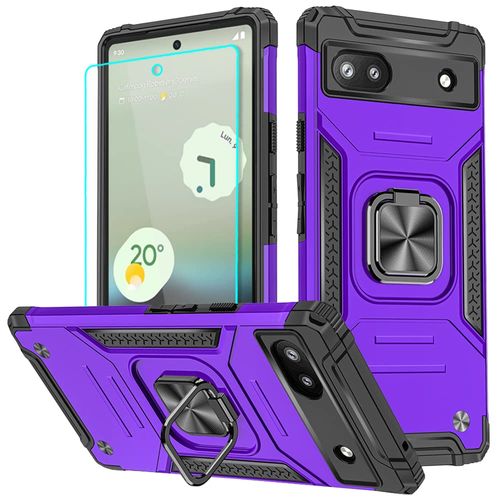 for Pixel 6a Case with HD Screen Protector, 360°Military Grade Rotatable Kickstand (Heavy Duty) Shockproof Protective Cases for Google Pixel 6a (Purple)