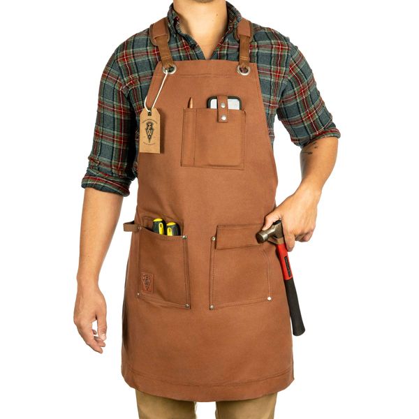 Texas Canvas Wares Waxed Canvas Heavy Duty Work Apron With Pockets - Deluxe Edition with Quick Release Buckle Adjustable up to XXL for Men and Women (Brown Deluxe Edition)