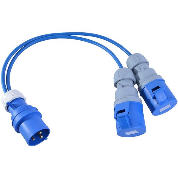 16A Plug to 2 x 16A Sockets. 1.5mm Arctic Blue Power Splitter - 0.5M