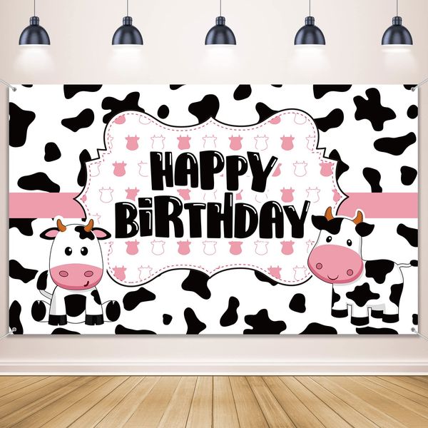 Cow Birthday Party Supplies Funny Cow Party Decorations Backdrop Cow Themed Birthday Banner Happy Birthday Photography Background for Farm Birthday Party Farm Animal Theme Party Favors, 71 x 43 Inch