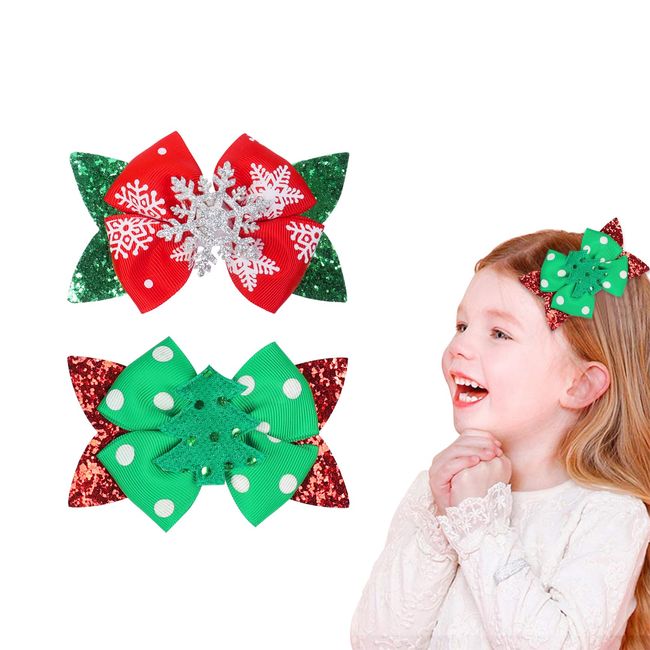 2Pack Christmas Hair Clips,4inch Christmas Hair Bows Clips Sparkly Hair Bows Barrettes Christmas Hair Accessories for Girls Baby Toddlers Kids