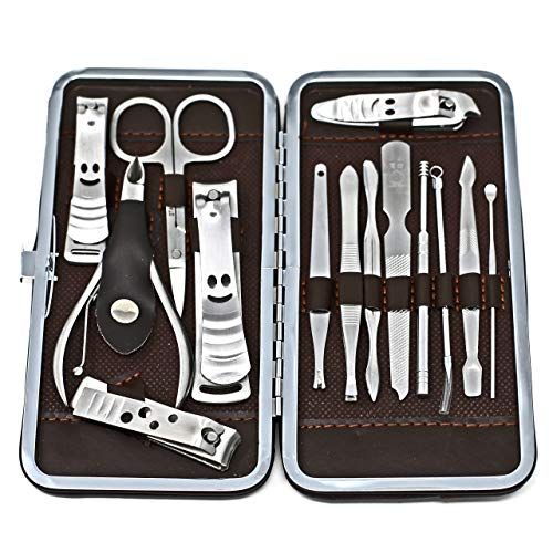 Inge Leather Manicure Set - Stainless Steel Nail Kit with 14 Pieces