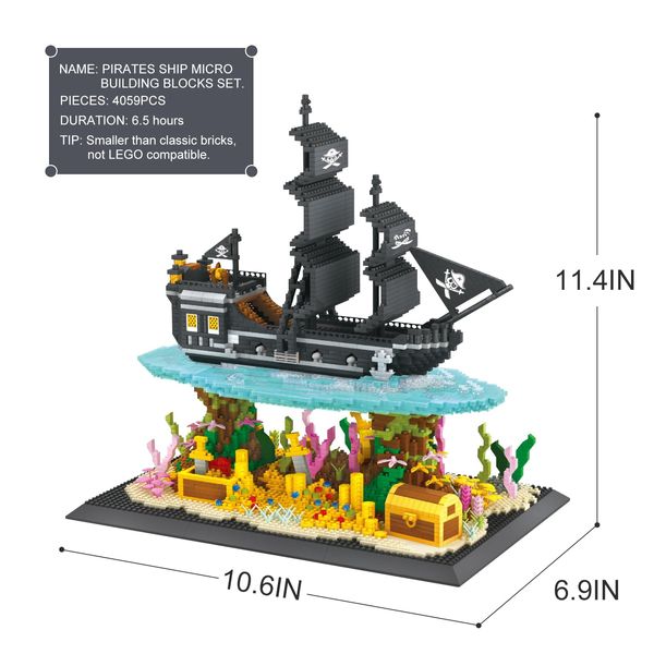 flycites Pirates Ship Model Building Blocks Kits,Classic Mini Micro Blocks Building Set,4059PCS+,MOC Black Pearl Sailboat with Treasure，Collectible Display Model, Great Gift for Adults/Teens