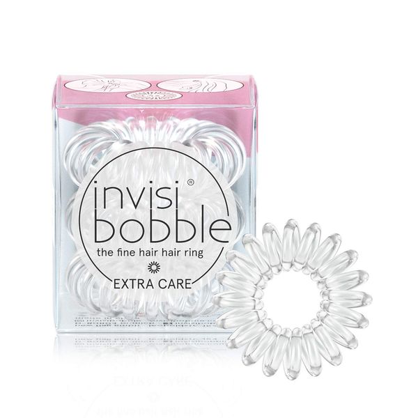 invisibobble Extra Care Traceless Spiral Hair Ties - Pack of 3 Crystal Clear - Strong Elastic Grip Coil Hair Accessories for Women - No Kink - Gentle for Girls Teens Toddlers and Fine Hair