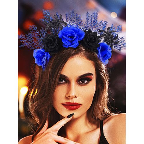 Woeoe Halloween Flower Halo Crown Spider Headband Gothic Headpiece Day of the Dead Floral Crown Handmade Cosplay Dress up Costume Hair Accessories