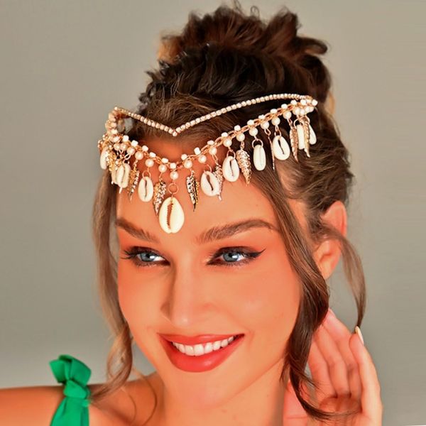 GORTIN Boho Shell Wedding Headband Gold Leaf Crown and Tiara Tassels Headchain Bridal Headpiece Beach Headwear Rhinestones Hair Accessories for Women and Girls