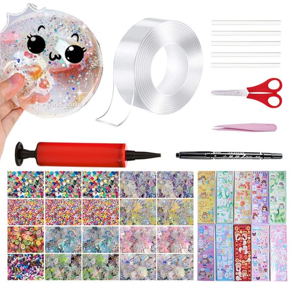 40 Pcs Nano Bubble Tape Kit with Balloon Inflator, Double Sided Tape Plastic Bubbles Balloon, Elastic Nano Bubble Tape DIY Craft Kit for Girls, Boys, Kids Party Favors and Novelty Toys