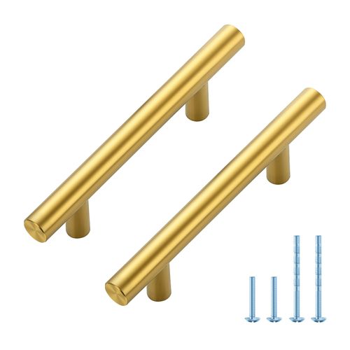 JOY DECOR 10 Pack 5 Inch Cabinet Pulls, 3 Inch (76mm) Hole Center Stainless Steel Drawer Handles for Kitchen Cabinets, Cupboard, Wardrobe – Brushed Brass Gold