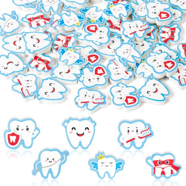 CJiangpo 60Pcs Tooth Mini Erasers for Kids Bulk, Tooth Fairy Eraser Cute Cartoon Pencil Rubber Eraser Novelty 3D Desk Puzzle Erasers Teeth Themed Party Favors Filler Kids School Classroom Prizes Gifts