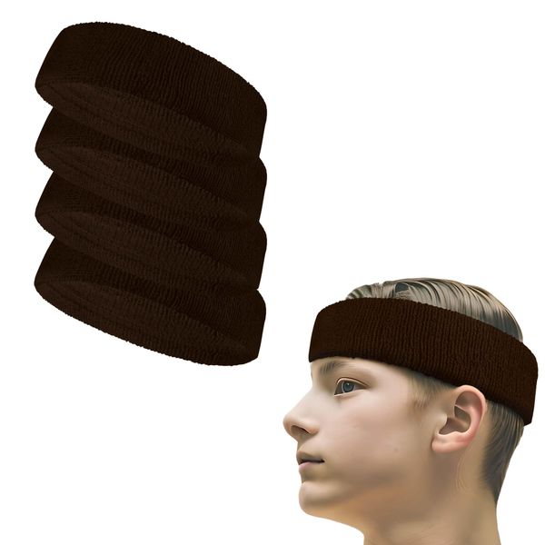 Couver Terry Solid Color Headband/Sweatband, 4 Pieces, Dark Brown