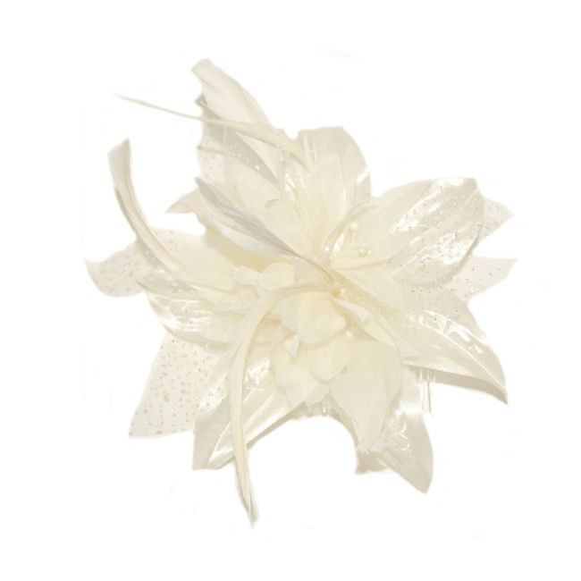 Cream chiffon flower & feather fascinator on comb. Perfect for wedding, races or other special occasion.