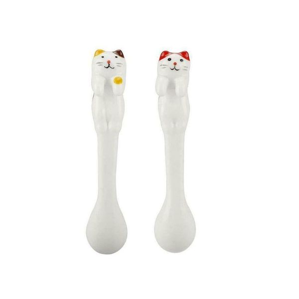 2PCS Ceramic Cat Animal Hanging Spoon Cute Coffee Spoon Kitchen Tool Novelty Gift