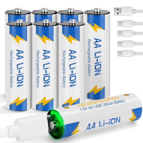 volkate Lithium Batteries AA Rechargeable 8 Pack, 1.5V 1200mAh USB-C Li-ion Double AA Battery with 1200 Cycles, Fast Charging, for Blink Outdoor Camera, Toy, VR/Xbox Controller, Flashlight