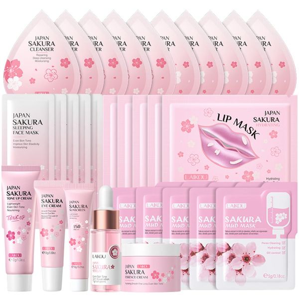 Sakura Skincare Set | 30PCS Facial Cleanser Set for Teenage Girls | Pamper Gift Sets with Cream, Serum, Toner, Eye Cream, Lip Mask, Mud Mask, Sleep Mask | Japanese Cherry Blossom Skincare Gift Box