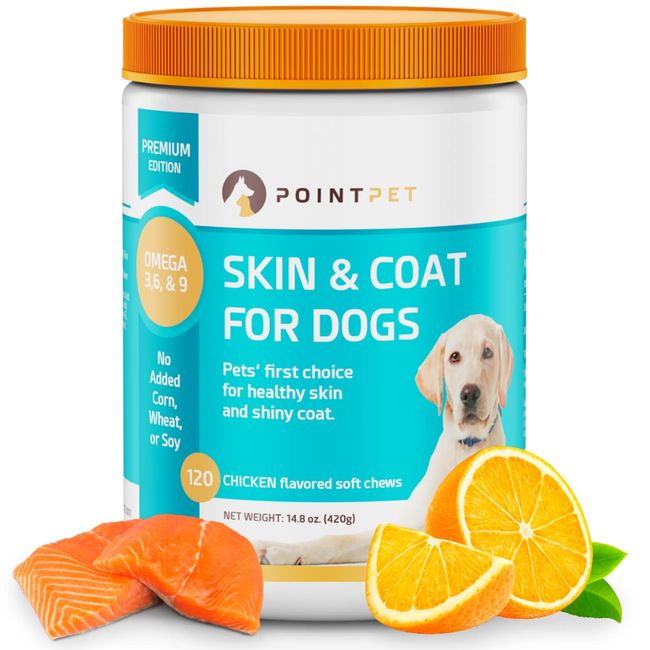 POINTPET Omega-3, 6 and 9 - Skin & Coat Support Soft Bites - EPA, DHA, Fish Oil Treat Supplement for Small & Large Dogs - Maintains Health of Skin and Coat - 120 Chicken Flavor Soft Chews