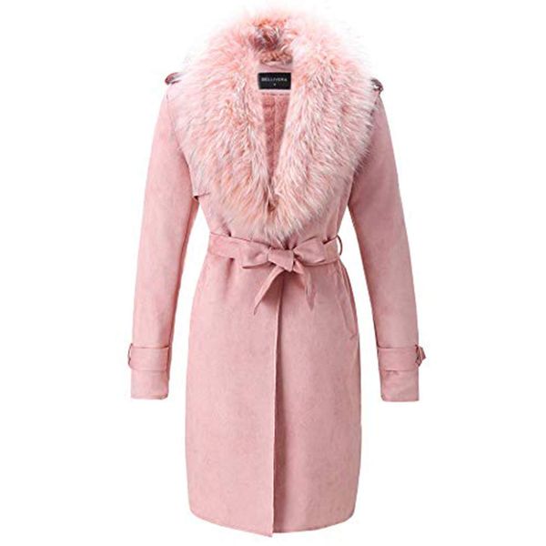 Bellivera Women's Faux Suede Leather Long Jacket，Lapel Outwear Trench Coat Leather Cardigan with Detachable Faux Fur Collar FF20 Pink XL