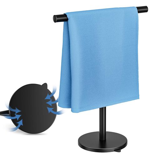 ANMEISH Hand Towel Holder Stand Black,T-Shape Fingertip Towel Rack Stainless Steel, Free-Standing Towel Stand with Suction Cup Base, Rust-Proof for Bathroom Vanity Countertop