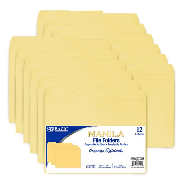 BAZIC Manila File Folder 1/3 Cut Letter Size, Left Right Center Tabs Positions, for Organizing Filing Document Storage, Total 12-Count