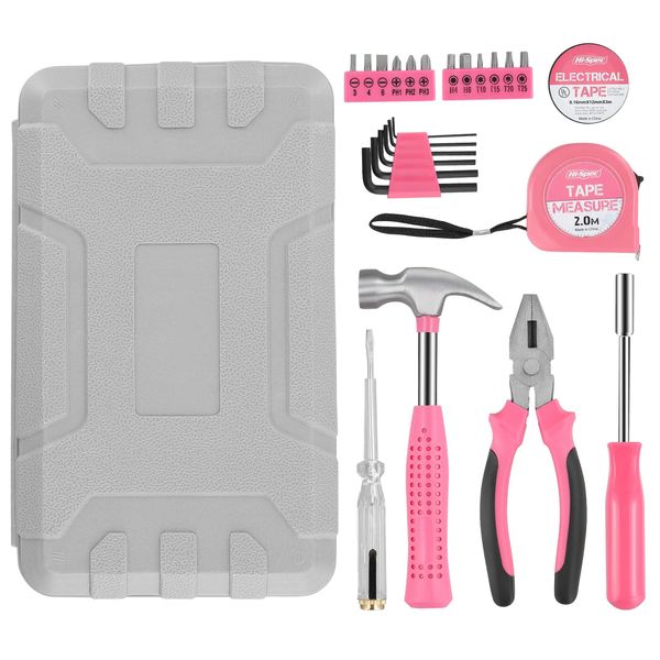 UrbanHomes 24-teiliges Werkzeugset Haushalt DIY Tool Kit für Frauen, Kleine Mini-Werkzeug-Box-Set von Starter grundlegende Damen Werkzeuge für Haus & Büro-Rosa
