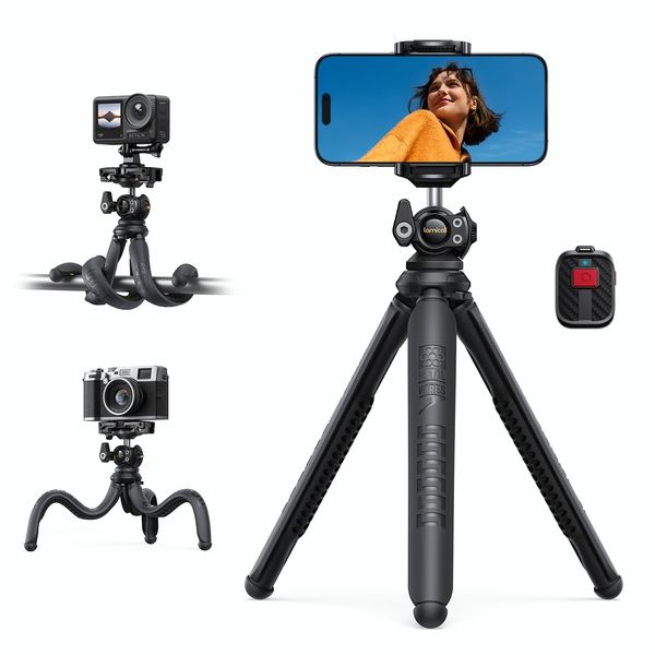 [Innovative Version] Kunkune Smartphone Tripod Stand, Remote Control Storage: Lamicall Mini Tripod, Portable, Condigi, 3 Legs, 1/4 Inch Screws, SLR GoPro Video Camera, Flexible, Vertical and