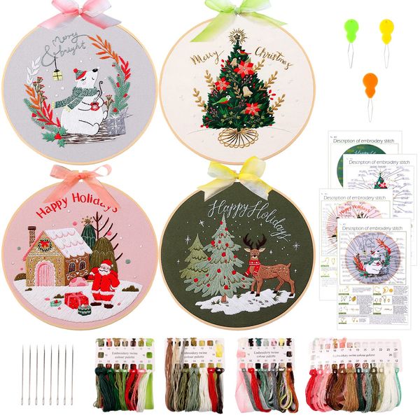 MAMUNU 4 Sets Christmas Embroidery Starter Kit with Pattern for Beginners, Embroidery Kits with Christmas Tree Elk Pattern,Cross Stitch Set with 4 Plastic Embroidery Hoops and Tools