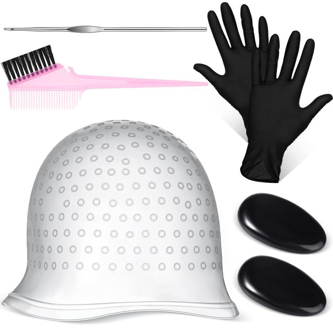 Hair Coloring Highlighting Set Silicone Highlight Cap and Hook 2 Pcs Black Hair Dye Gloves Dye Brush Ear Covers Reusable Hair Dye Kit Salon Home Hairdressing Hair Coloring Tools for Women Men