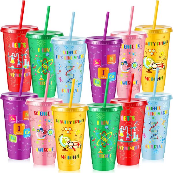 Uiifan 12 Pcs Science Party Cups Science Party Favors 24 oz Plastic Tumbler with Lid and Straw Reusable Science Birthday Party Supplies Decorations for Science Party