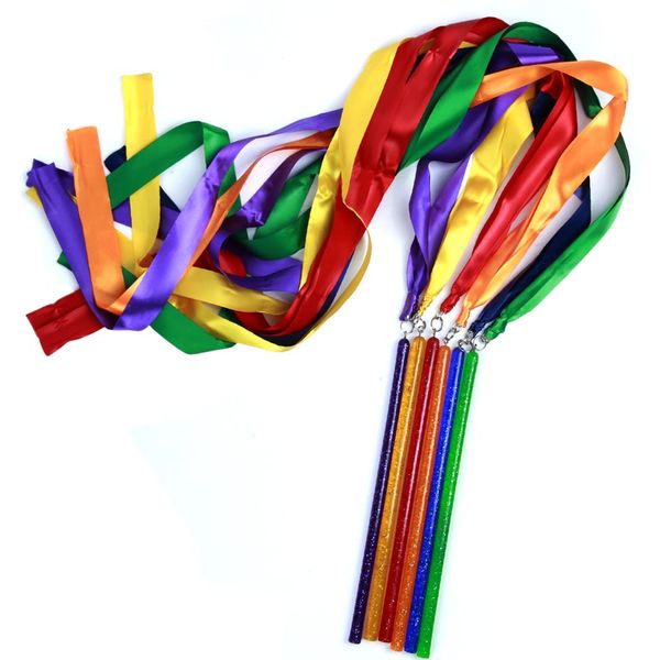 GSi Multicolor Sparkling Gymnastic Ribbon Wands [6 pack] with 9 inch stick and 1 meter ribbon for Gym, Training, Circus, Dance, Baton Twirling, Dancing Streamers (pack of 6)