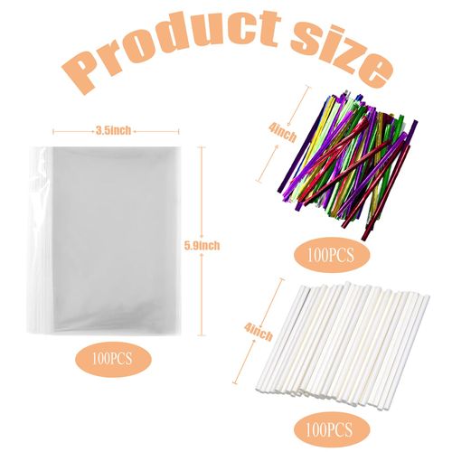 Eiahonen 300 PCS Cake Pop Sticks and Wrappers Kit, Including 100ct 4-inch Papery Lollipop Treat Sticks, 100ct Clear Parcel Bags, 100ct Colorful Twist Ties for Cake Pops, Chocolates and Cookies